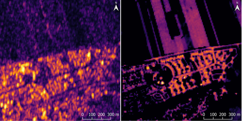 Satellitenfotos von Sentinel-1 (links) und Sentinel-2 (rechts) des erforschten Testgebiets – bereits nach der neuartigen Methode aufbereitet: Gebäude stechen hell heraus (Fotos: Sentinel-Daten ©ESA 2020)