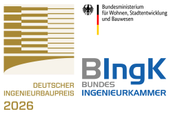 Logos von Deutscher Ingenieurbaupreis 2026, Bundesministerium für Wohnen, Stadtentwicklung und Bauwesen (BMWSB) und Bundesingenieurkammer