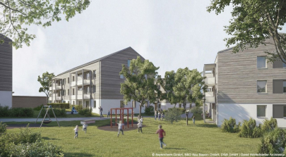 Gebäudetyp-e Pilotprojekt: Neubau von fünf Wohngebäuden in Grafing. Foto: © Bayernheim GmbH, B&O Bau Bayern GmbH, DWA GmbH | David Wolfertstetter Architektur